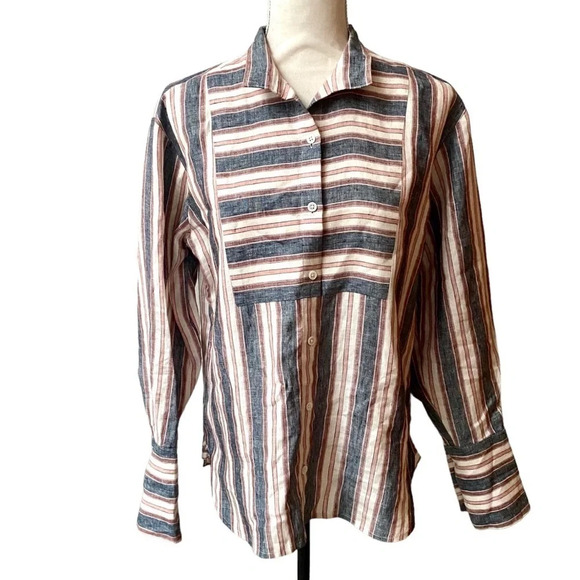 Frame Linen Striped Bib Button Down Shirt Oversized Gray Pink Cream Size XS - Picture 4 of 16